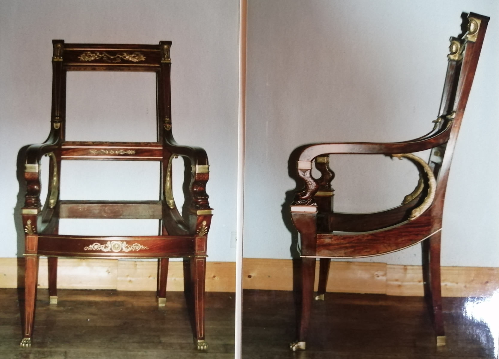 Restauration d'une paire de fauteuil empire en acajou de Cuba, ébène et filet de laiton